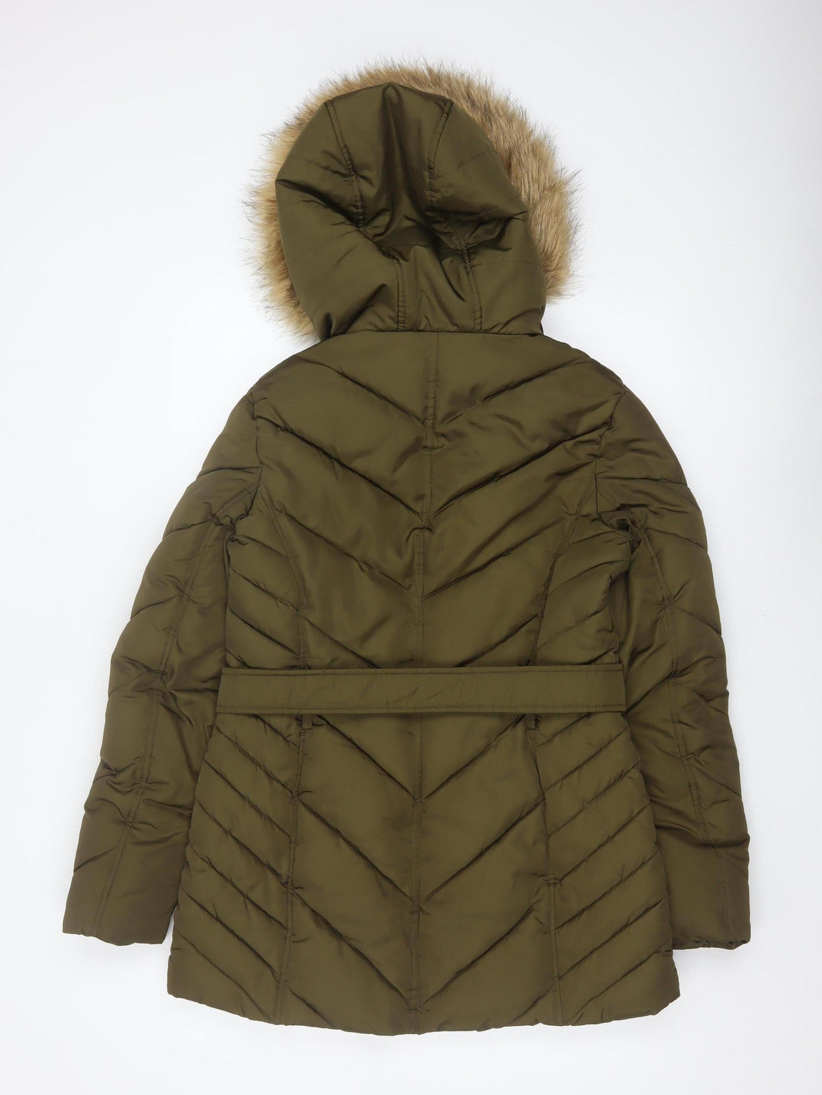 Oasis Women Green UK 12 Puffer Parka Faux Fur Hood Belted Coat