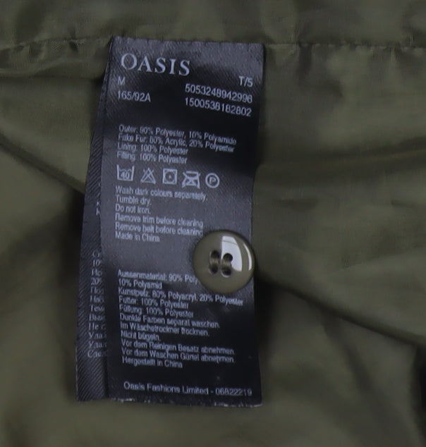 Oasis Women Green UK 12 Puffer Parka Faux Fur Hood Belted Coat