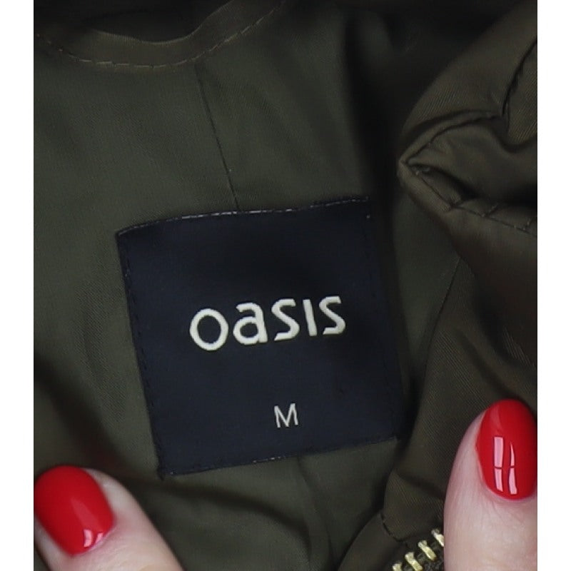 Oasis Women Green UK 12 Puffer Parka Faux Fur Hood Belted Coat