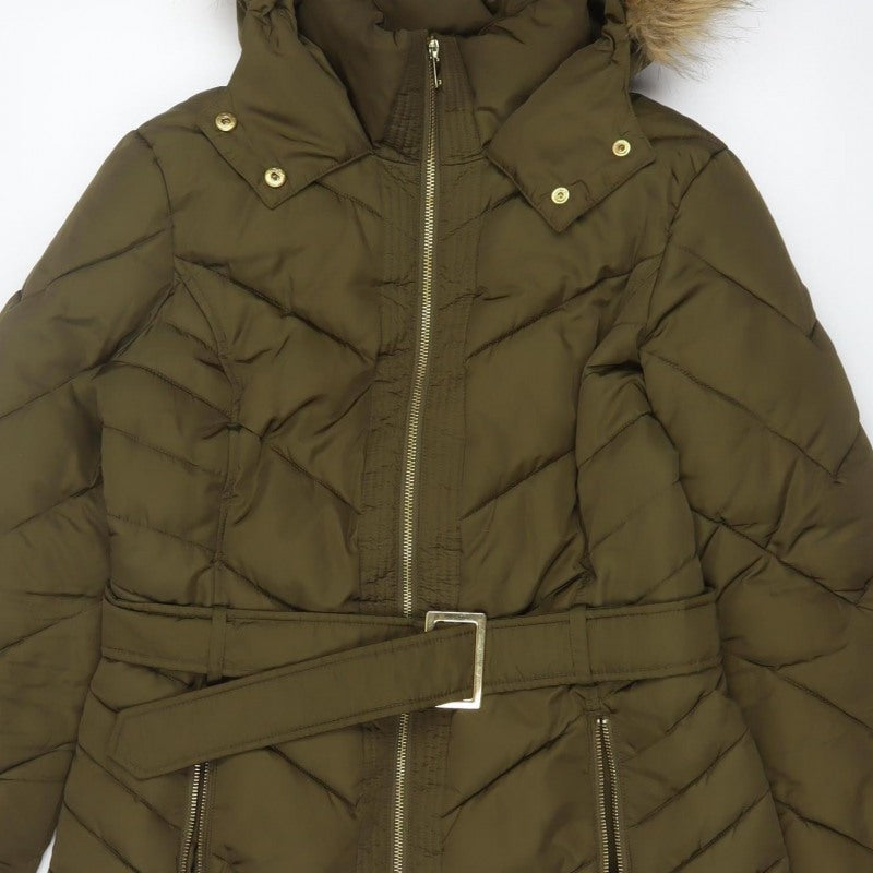 Oasis Women Green UK 12 Puffer Parka Faux Fur Hood Belted Coat