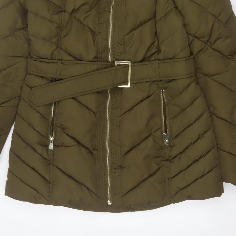Oasis Women Green UK 12 Puffer Parka Faux Fur Hood Belted Coat