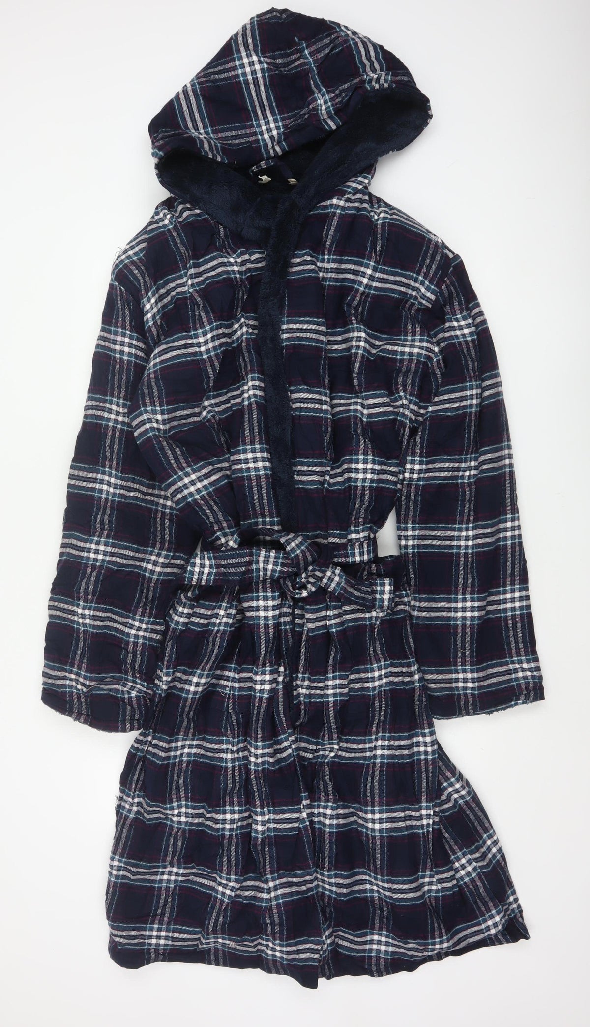 Marks and Spencer Men Blue Plaid Hooded Cotton Flannel Robe Large