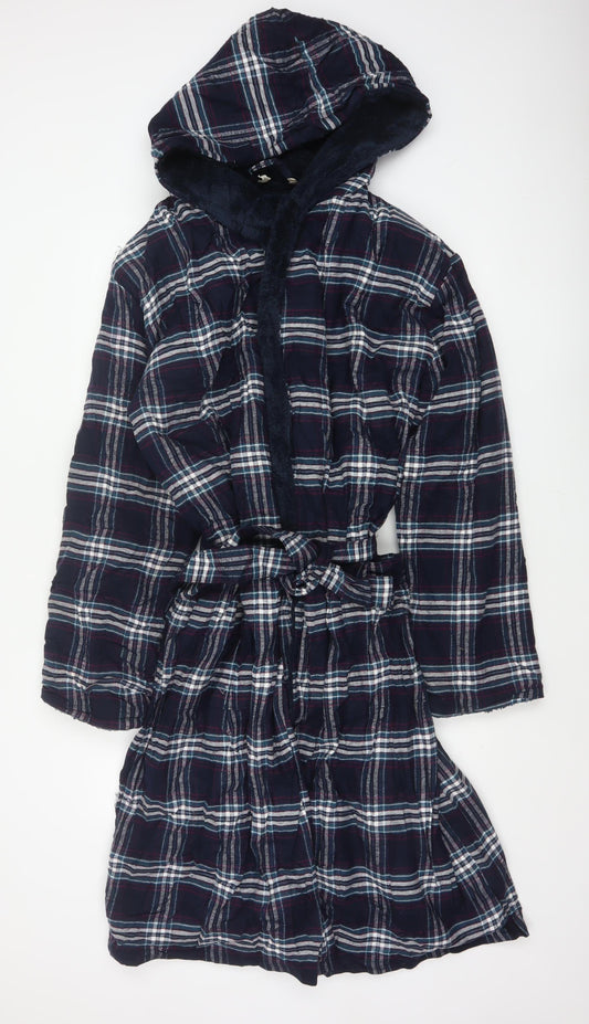Marks and Spencer Men Blue Plaid Hooded Cotton Flannel Robe Large