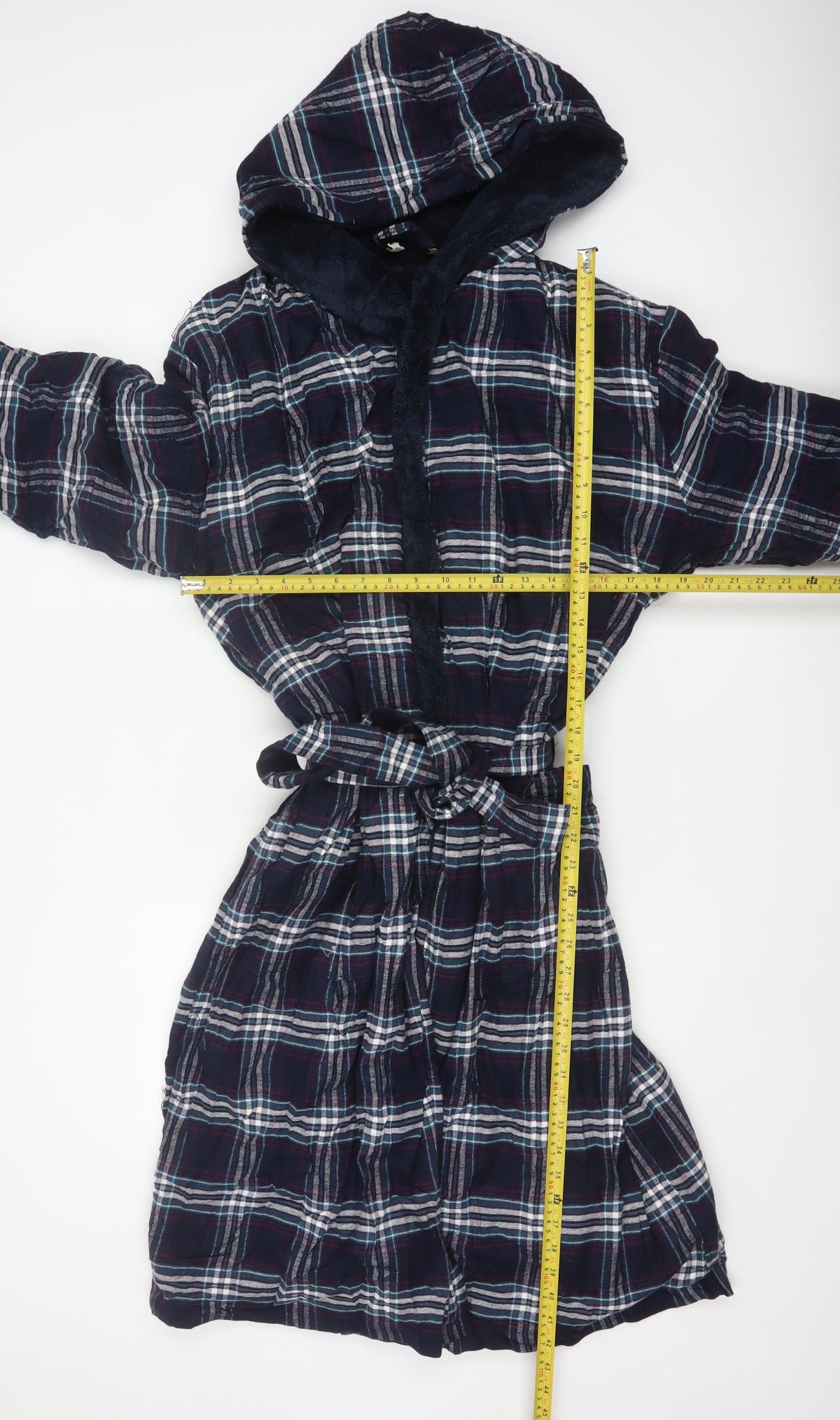 Marks and Spencer Men Blue Plaid Hooded Cotton Flannel Robe Large