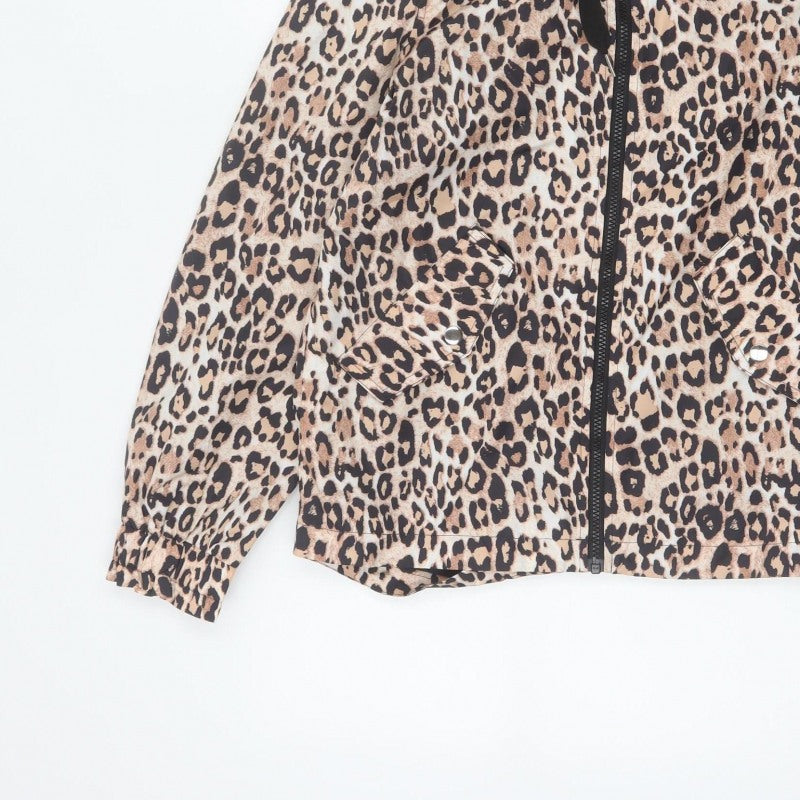 Papaya Women’s Brown Leopard Print Hooded Zip Windbreaker Jacket UK 8