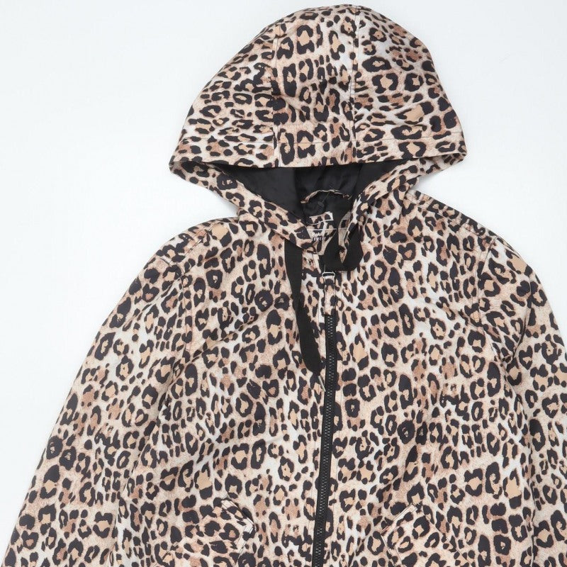 Papaya Women’s Brown Leopard Print Hooded Zip Windbreaker Jacket UK 8