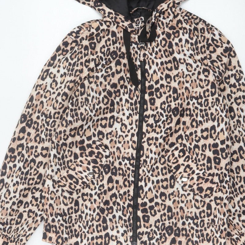 Papaya Women’s Brown Leopard Print Hooded Zip Windbreaker Jacket UK 8