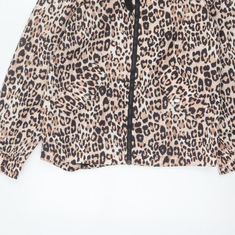 Papaya Women’s Brown Leopard Print Hooded Zip Windbreaker Jacket UK 8