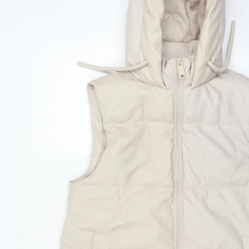 Primark Women Ivory S Long Hooded Padded Faux Leather Waistcoat
