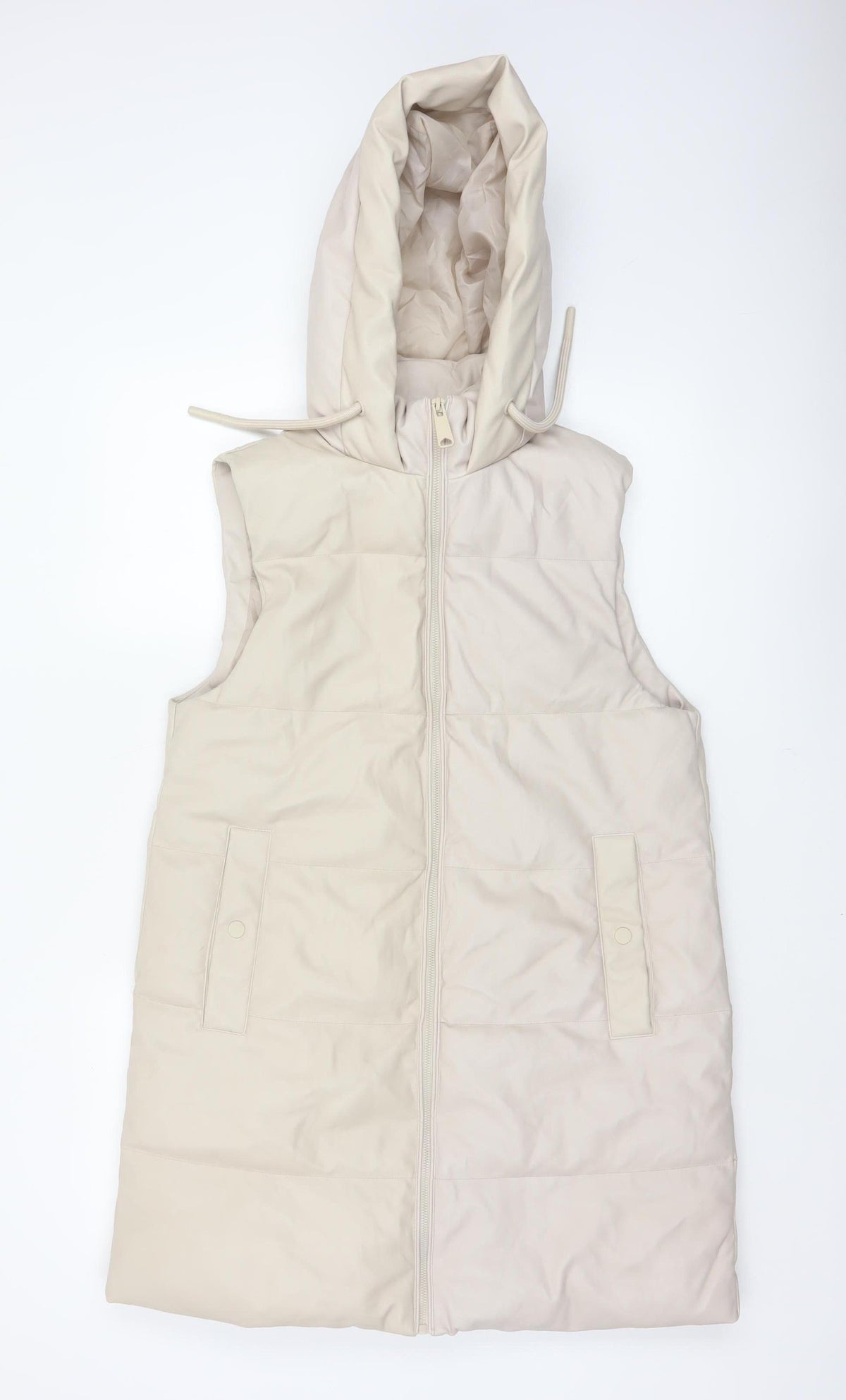 Primark Women Ivory S Long Hooded Padded Faux Leather Waistcoat