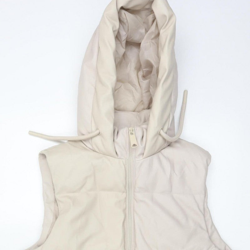 Primark Women Ivory S Long Hooded Padded Faux Leather Waistcoat