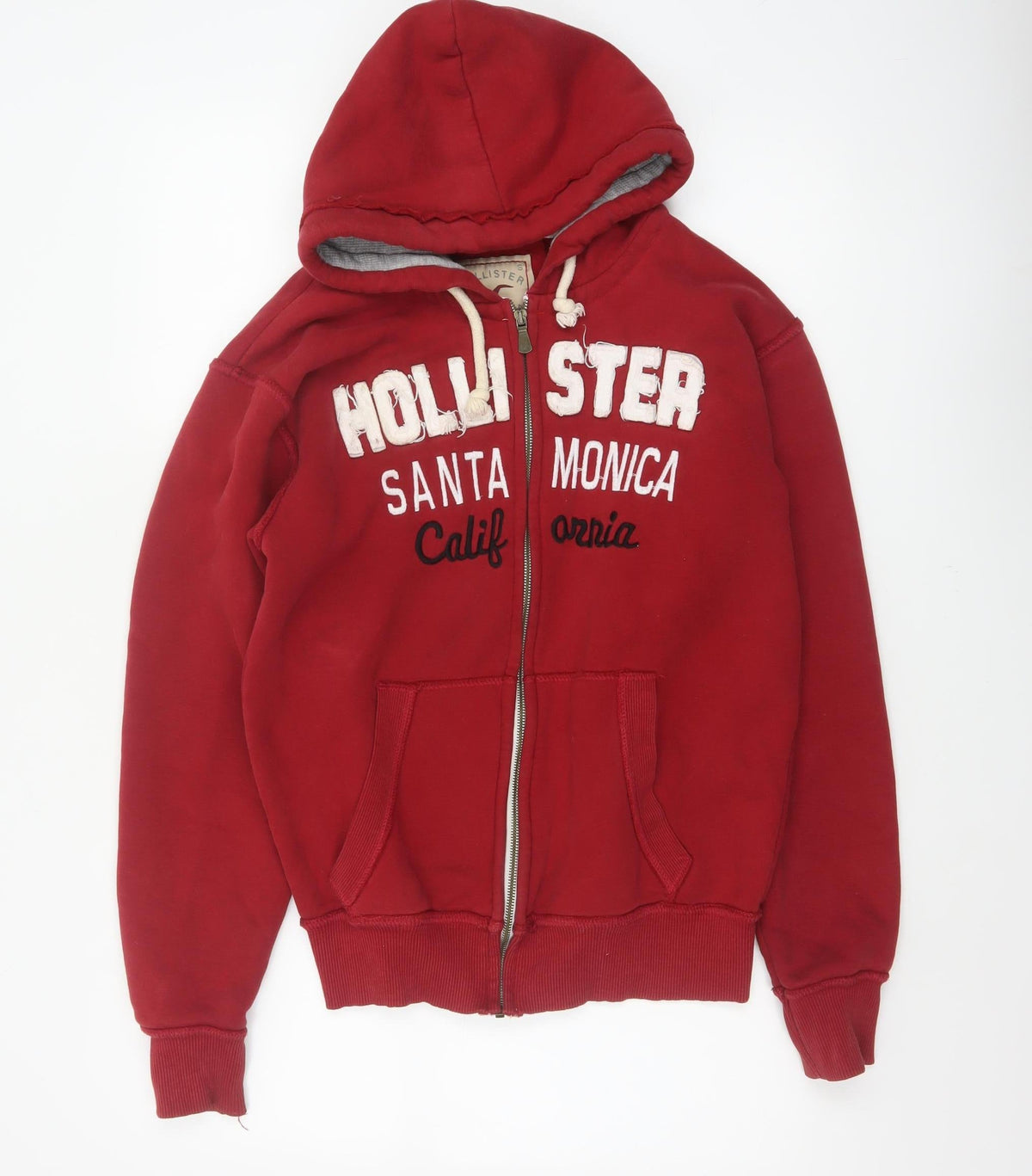 Back view of Hollister Men Red S Full Zip Hooded Graphic Print Santa Monica Hoodie