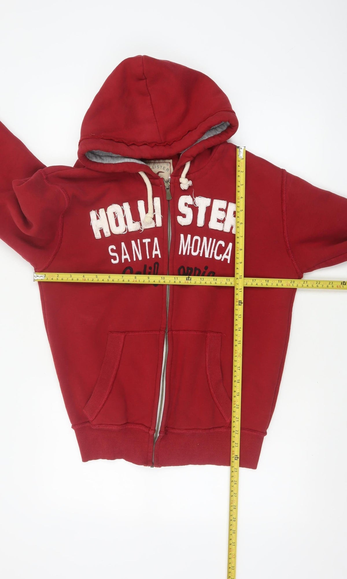 Close-up detail of Hollister Men Red S Full Zip Hooded Graphic Print Santa Monica Hoodie