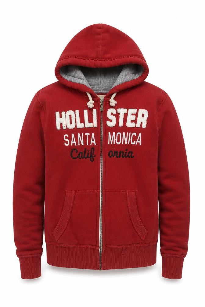 Front view of Hollister Men Red S Full Zip Hooded Graphic Print Santa Monica Hoodie