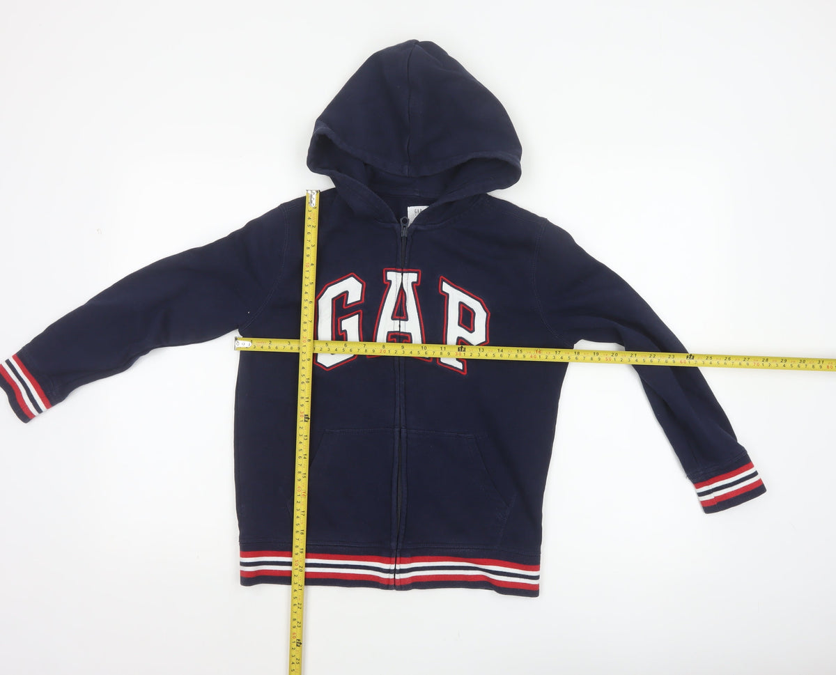 Close-up detail of Gap boys’ blue logo full zip hooded fleece hoodie 10 years