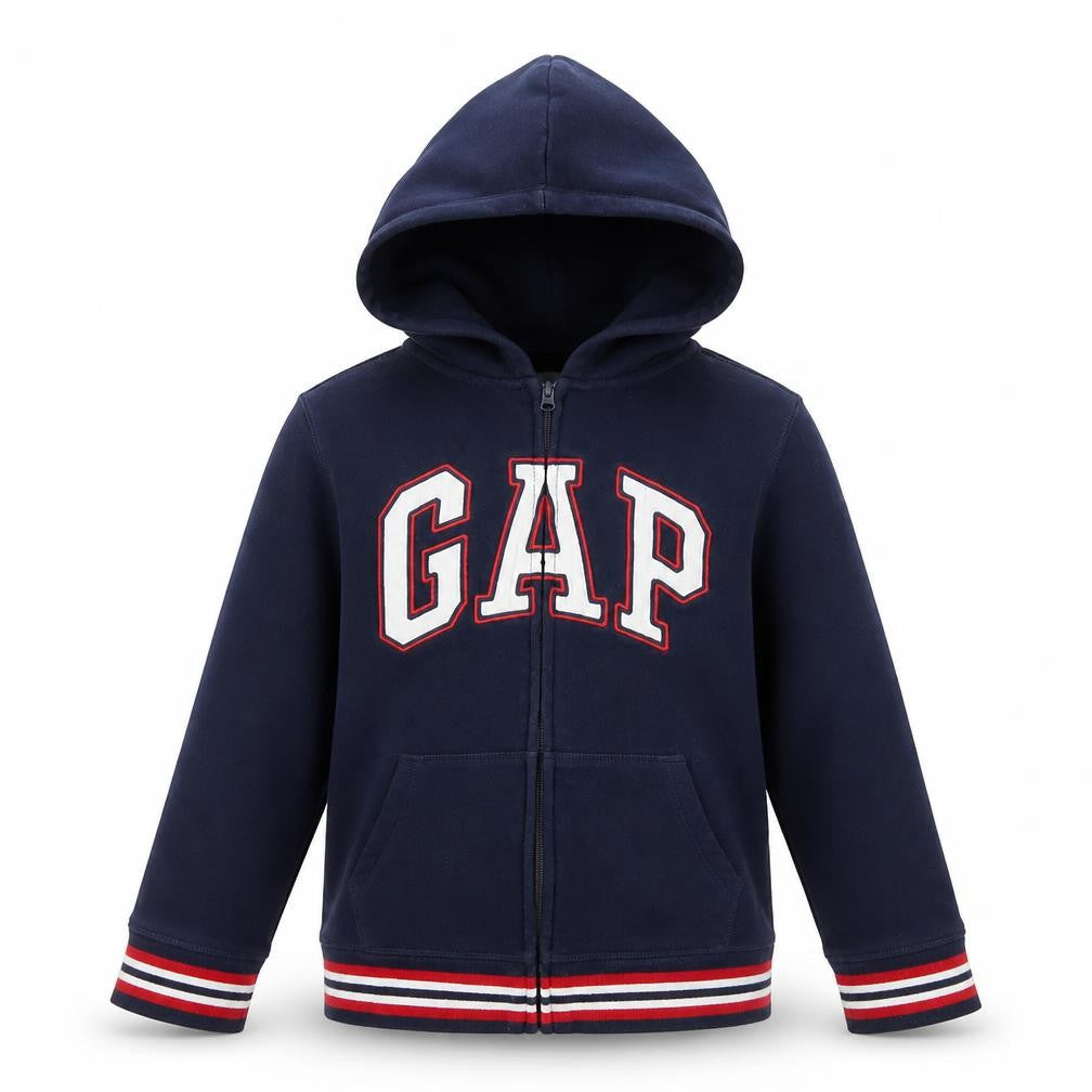 Front view of Gap boys’ blue logo full zip hooded fleece hoodie 10 years