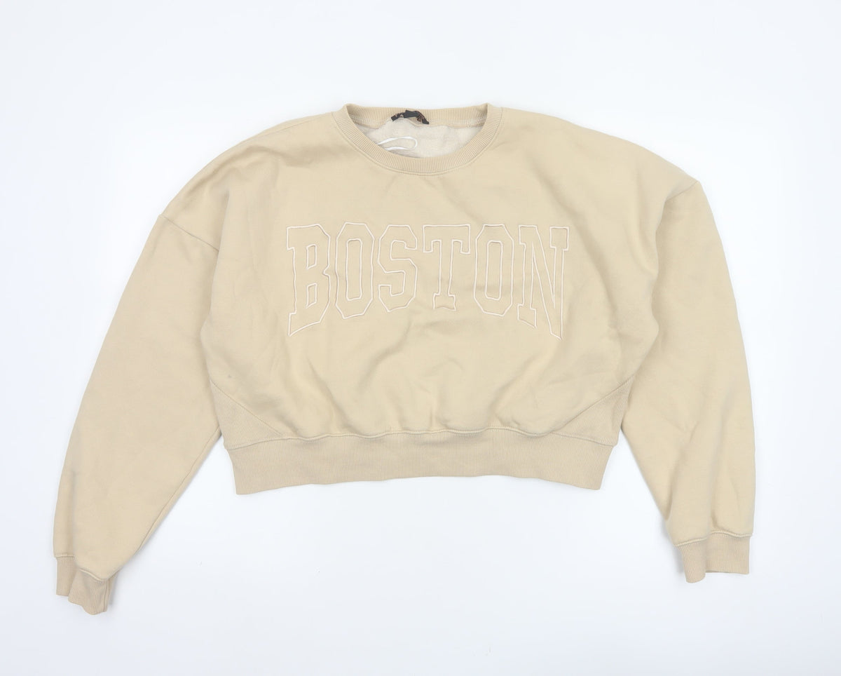 Pink Vanilla Women’s Beige L Boston Embroidered Oversized Sweatshirt