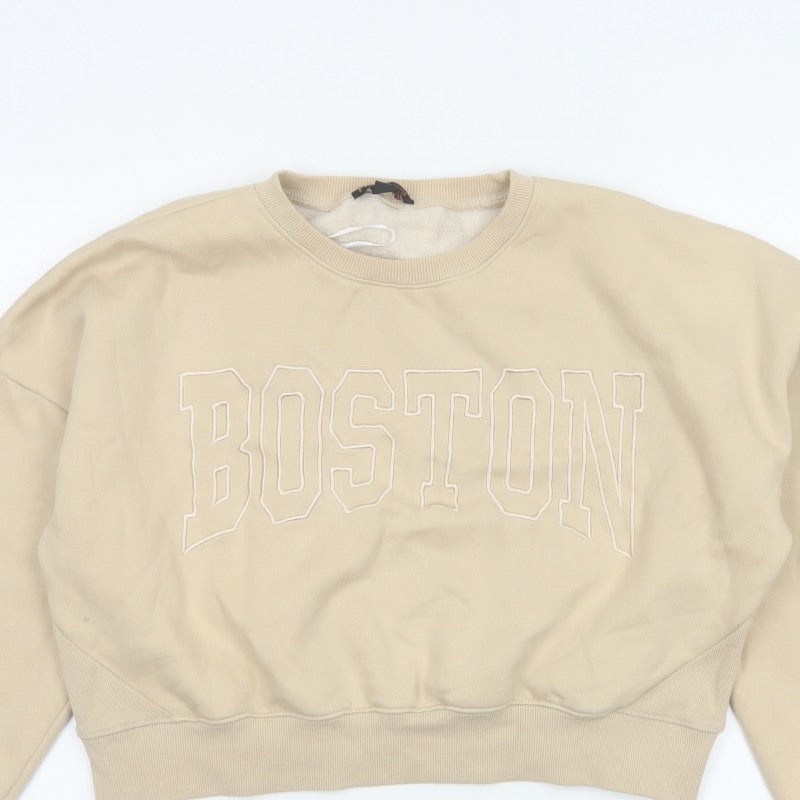 Pink Vanilla Women’s Beige L Boston Embroidered Oversized Sweatshirt