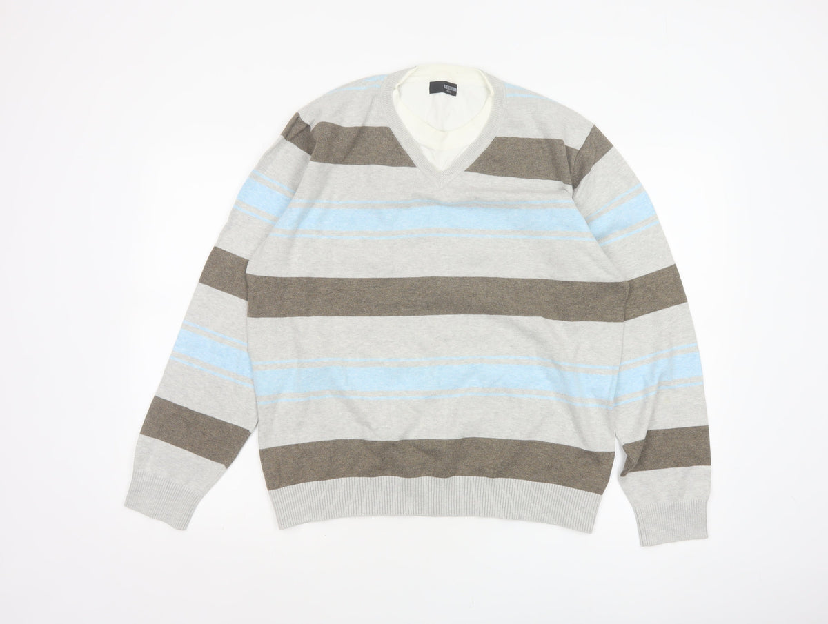 Next Men’s Grey Blue Brown Striped V-Neck Pullover Jumper Large