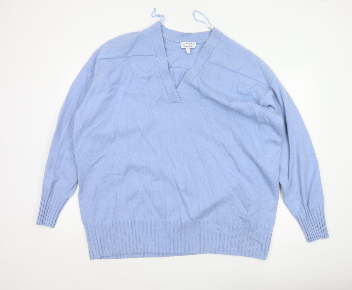 & Other Stories Women Blue L V-Neck Wool Blend Knit Pullover Jumper