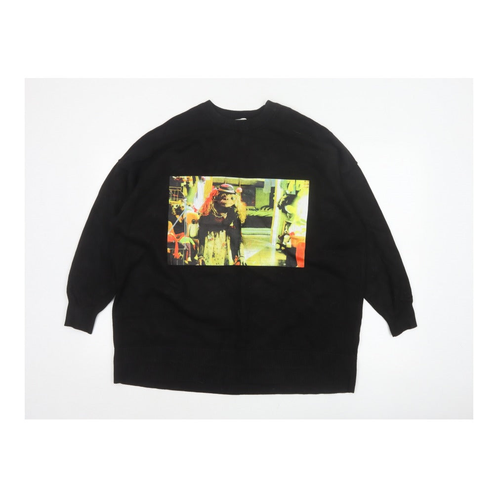 Zara Women Black Size S Graphic Print Crew Neck Knit Jumper