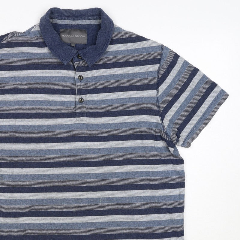 Rocha John Rocha Men’s Blue Striped Cotton Polo Shirt L Short Sleeve