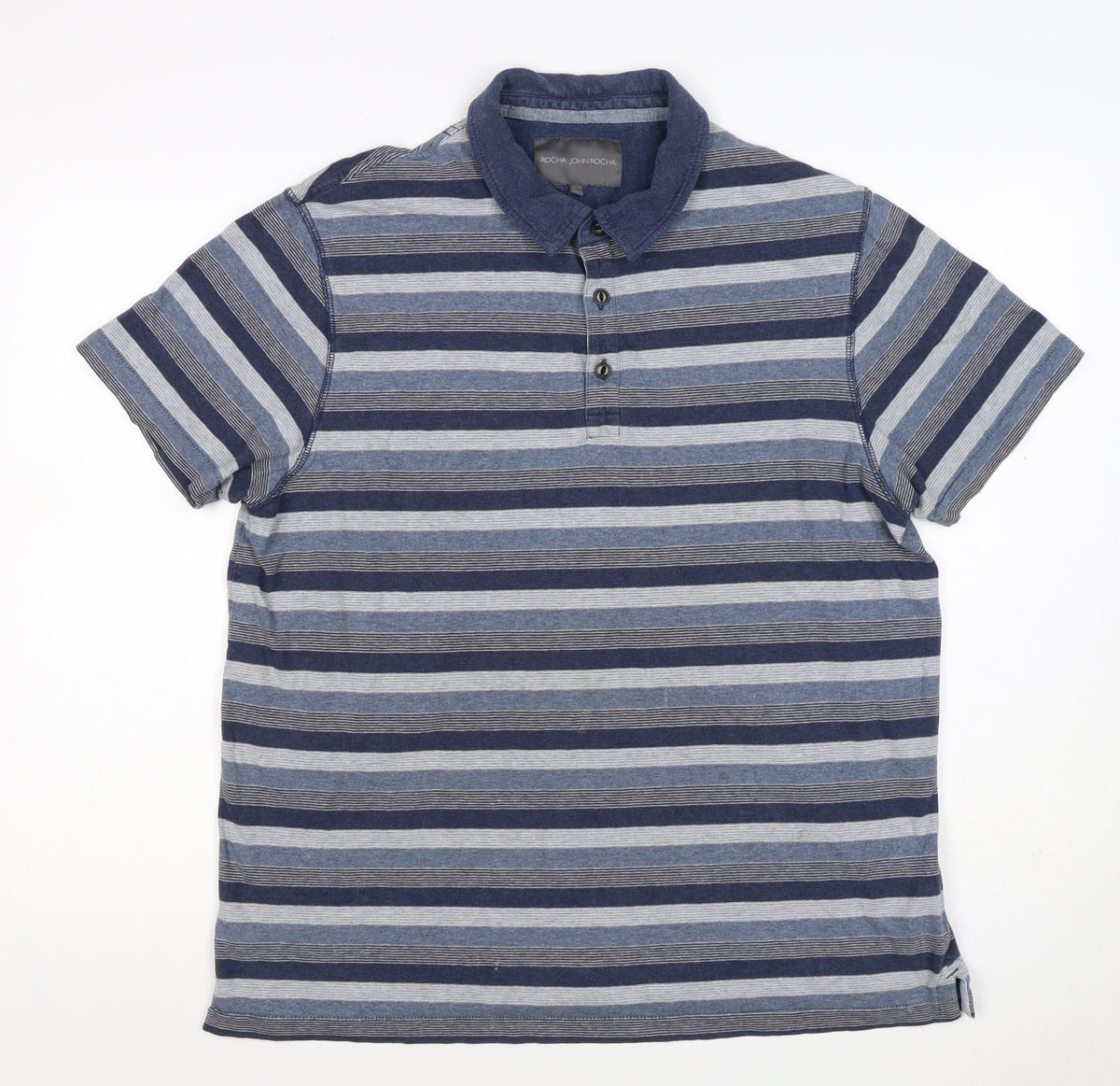 Rocha John Rocha Men’s Blue Striped Cotton Polo Shirt L Short Sleeve