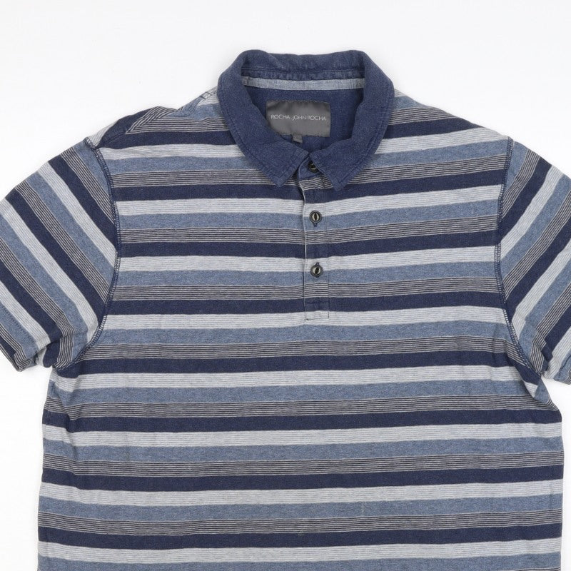 Rocha John Rocha Men’s Blue Striped Cotton Polo Shirt L Short Sleeve