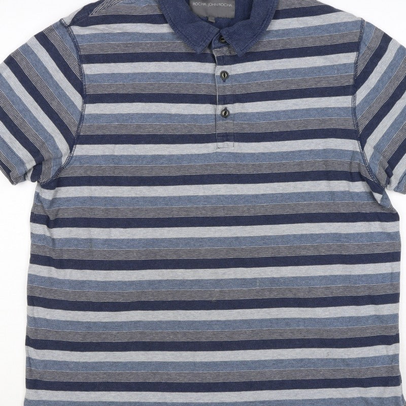 Rocha John Rocha Men’s Blue Striped Cotton Polo Shirt L Short Sleeve