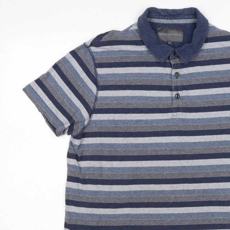 Rocha John Rocha Men’s Blue Striped Cotton Polo Shirt L Short Sleeve