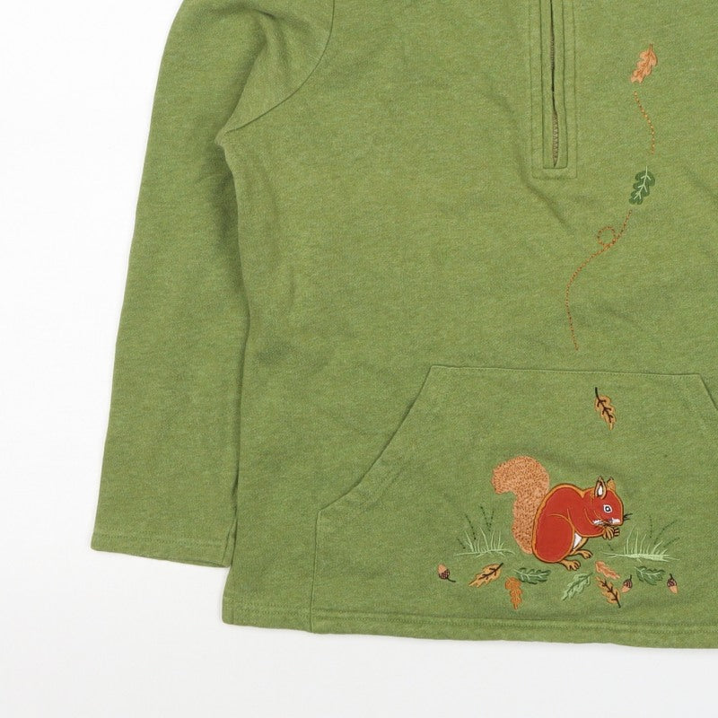 Tulchan Women Green S Half Zip Squirrel Embroidered Sweatshirt