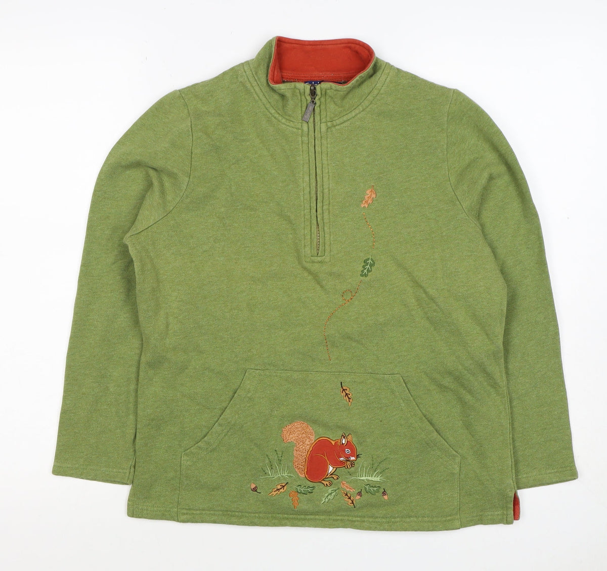 Tulchan Women Green S Half Zip Squirrel Embroidered Sweatshirt