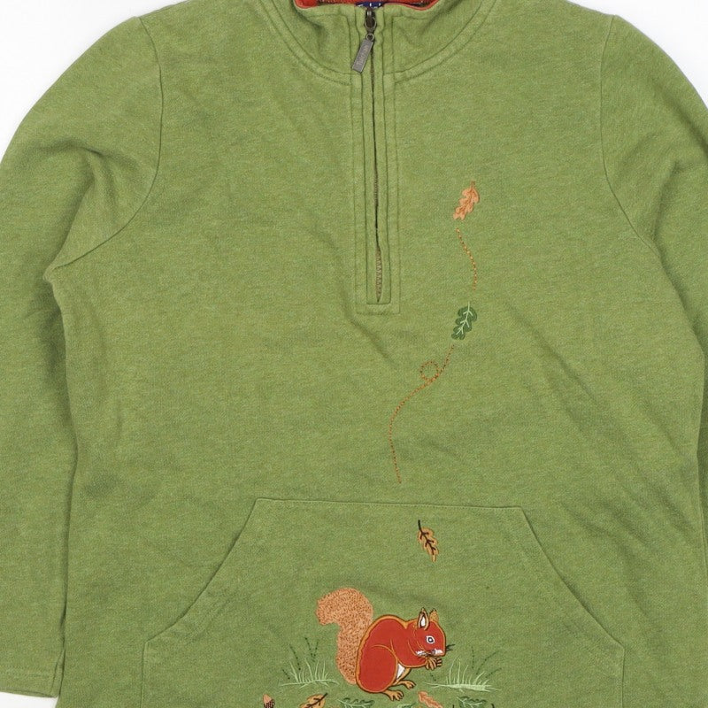 Tulchan Women Green S Half Zip Squirrel Embroidered Sweatshirt