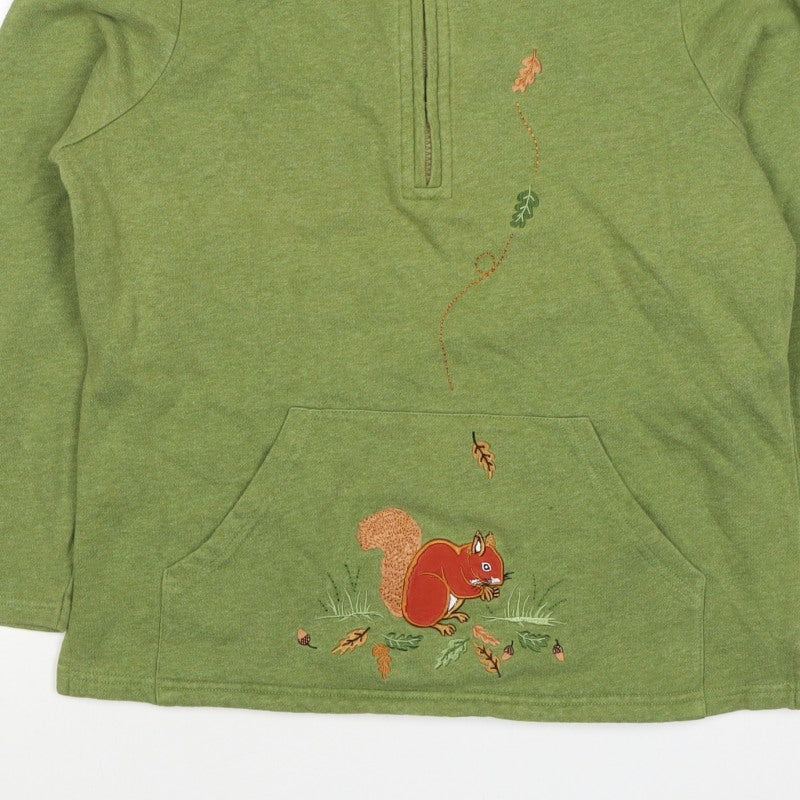 Tulchan Women Green S Half Zip Squirrel Embroidered Sweatshirt