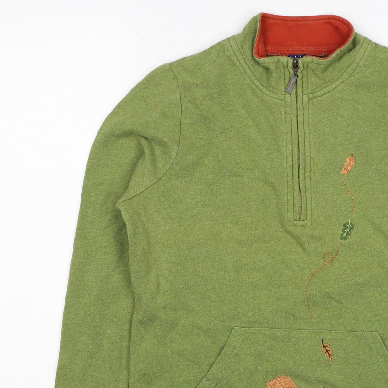Tulchan Women Green S Half Zip Squirrel Embroidered Sweatshirt