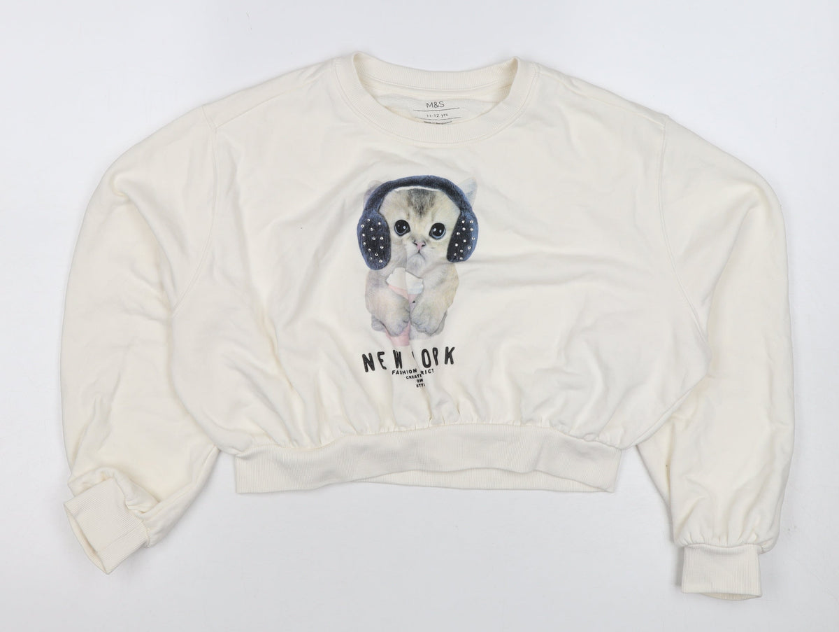 Marks and Spencer Girls Ivory Cat Graphic Rhinestone Pullover Sweatshirt 11-12