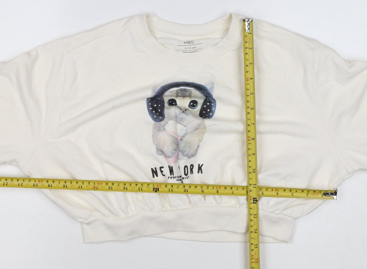 Marks and Spencer Girls Ivory Cat Graphic Rhinestone Pullover Sweatshirt 11-12