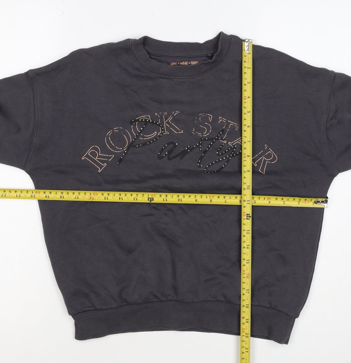 F&F Girls Black 12-13 Years Rock Star Party Rhinestone Sweatshirt