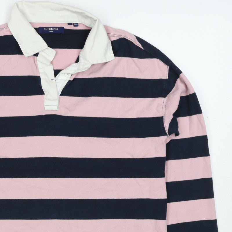Superdry Women Pink Navy Stripe Cotton Collared Henley Sweatshirt UK 12