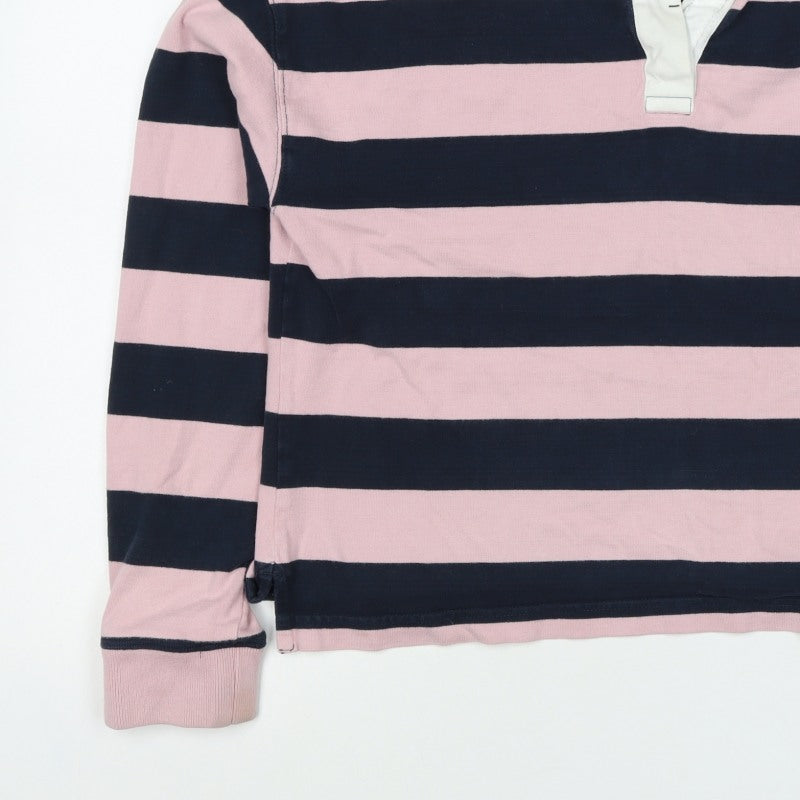 Superdry Women Pink Navy Stripe Cotton Collared Henley Sweatshirt UK 12