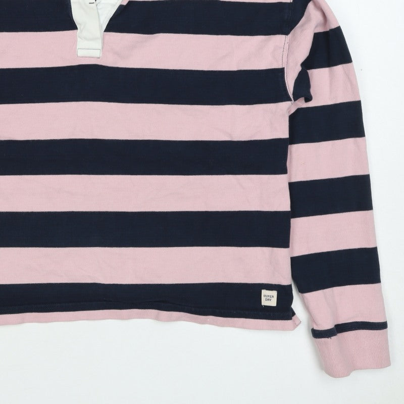 Superdry Women Pink Navy Stripe Cotton Collared Henley Sweatshirt UK 12