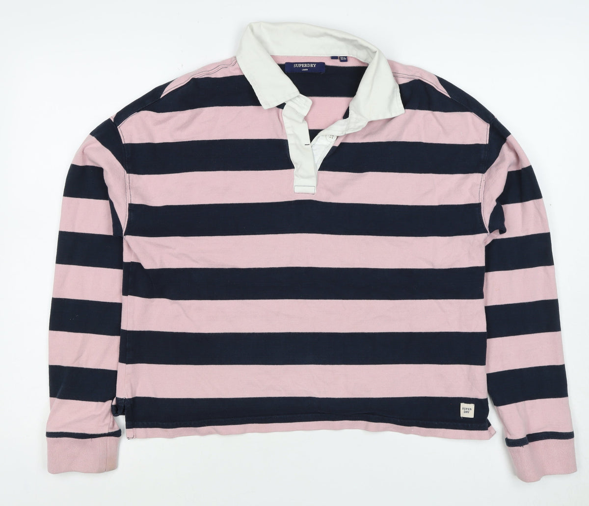 Superdry Women Pink Navy Stripe Cotton Collared Henley Sweatshirt UK 12