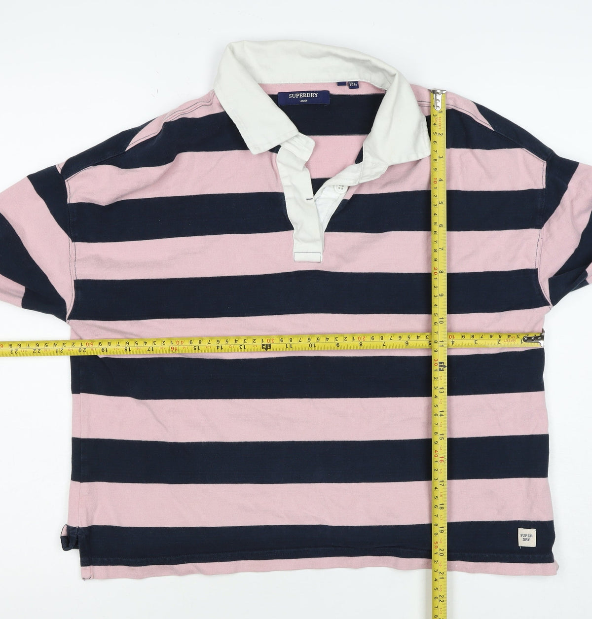 Superdry Women Pink Navy Stripe Cotton Collared Henley Sweatshirt UK 12