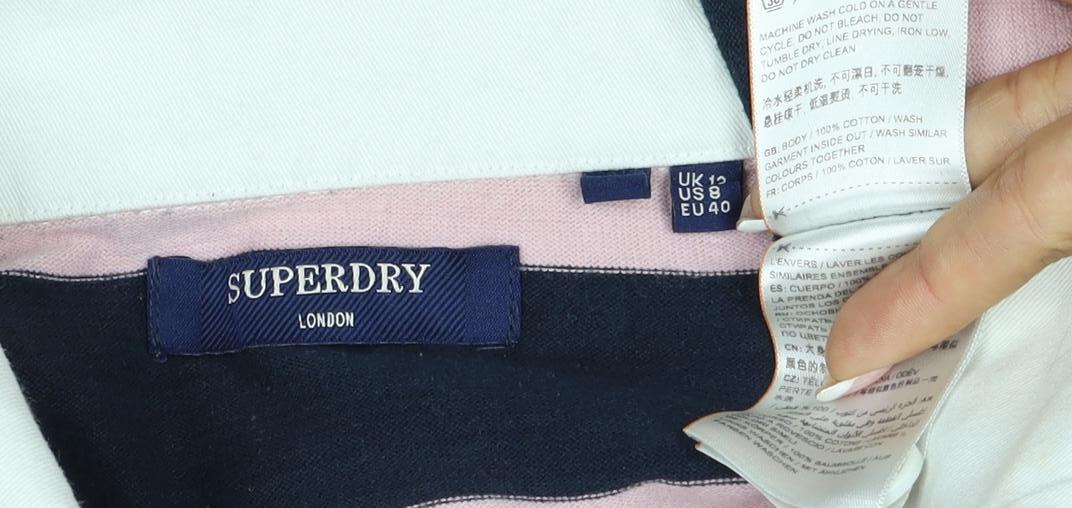 Superdry Women Pink Navy Stripe Cotton Collared Henley Sweatshirt UK 12