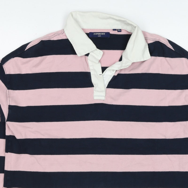 Superdry Women Pink Navy Stripe Cotton Collared Henley Sweatshirt UK 12