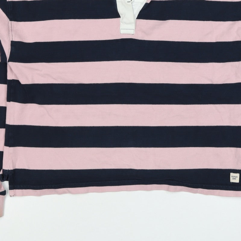 Superdry Women Pink Navy Stripe Cotton Collared Henley Sweatshirt UK 12
