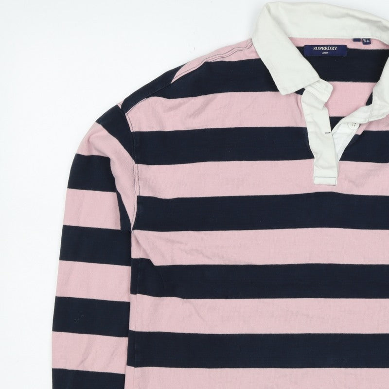 Superdry Women Pink Navy Stripe Cotton Collared Henley Sweatshirt UK 12