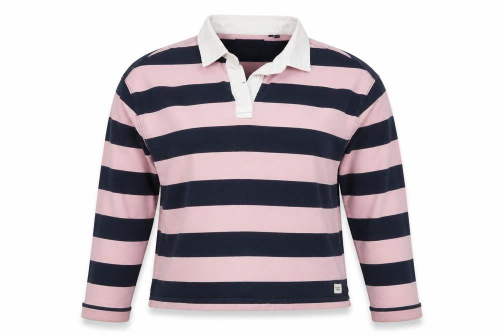 Superdry Women Pink Navy Stripe Cotton Collared Henley Sweatshirt UK 12