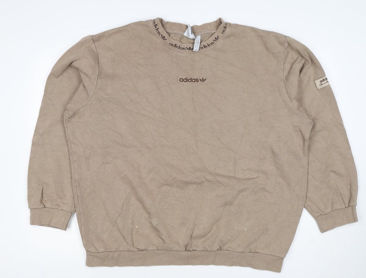 Adidas Women Beige XL Pullover Fleece Logo Crew Neck Sweatshirt