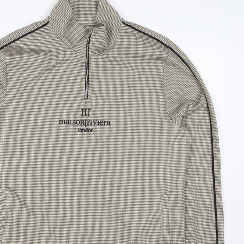 Additional view of Maison Riviera Men's Beige L 1/4 Zip Check Sweatshirt Pockets